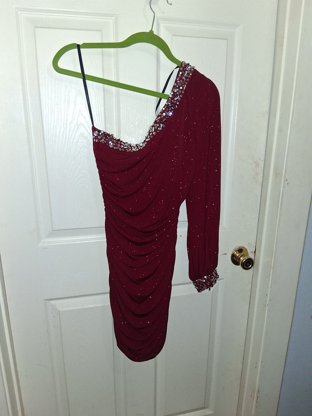 Jodi Kristopher One-Shoulder Wine Red Ruched Dress with Crystal Trim